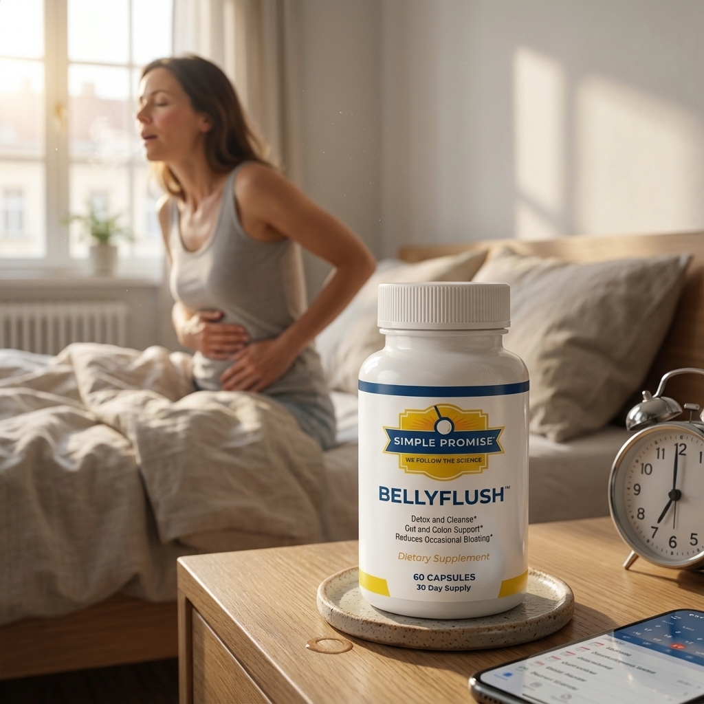 BellyFlush bottle in sharp focus on a nightstand in soft dawn light