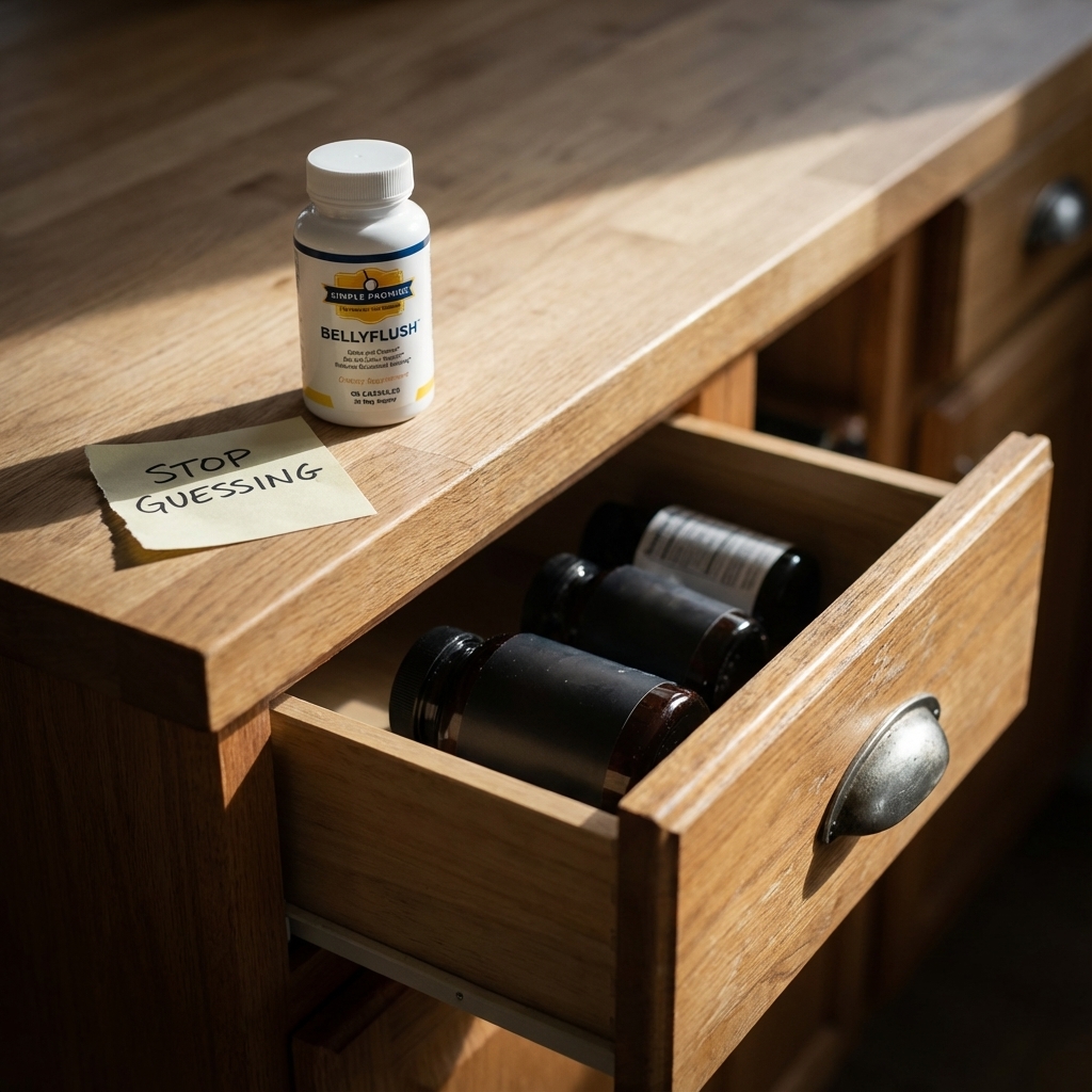 BellyFlush bottle in focus beside an open drawer of out-of-focus supplements