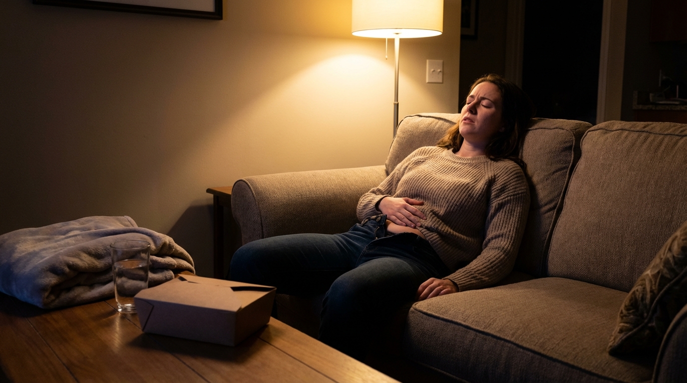 Woman on couch after dinner looking uncomfortable and drained