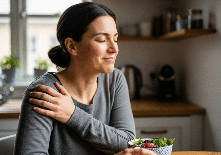 Close-up of a person exhaling in soft morning light at a kitchen table with a colorful breakfast.
