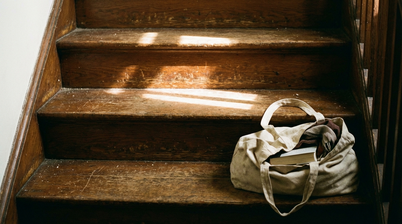 Sunlit staircase with a tote bag on a step