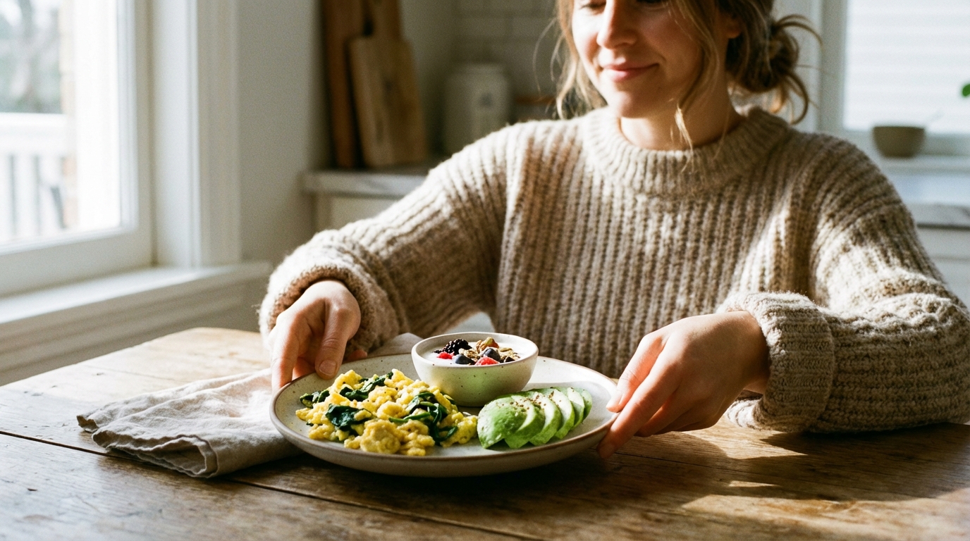 Hands setting down a simple breakfast in bright morning light