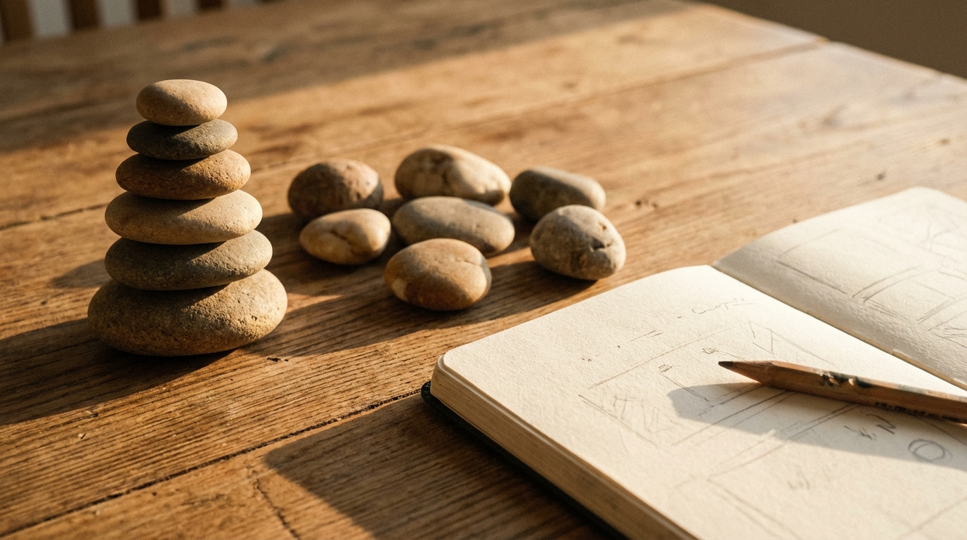 Stones arranged to show balance shifting over time