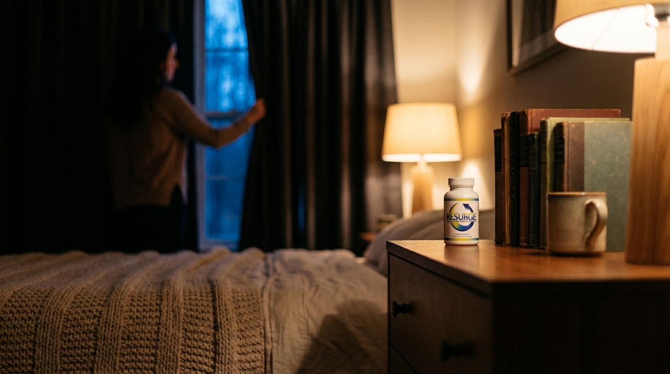 Person closing blackout curtains in a softly lit bedroom at night.
