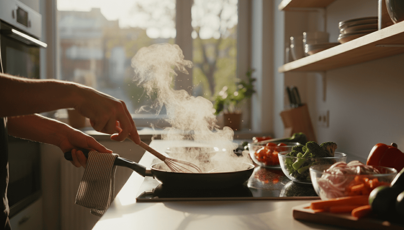 Person cooking in a sunlit kitchen with steam and tiny pan sparks