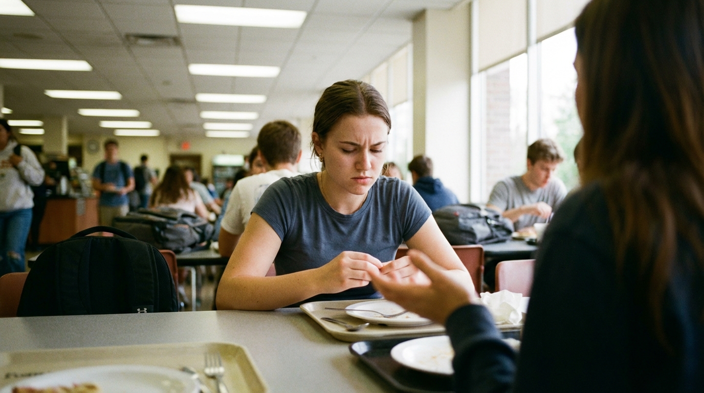 Student at cafeteria table catching herself mid reaction