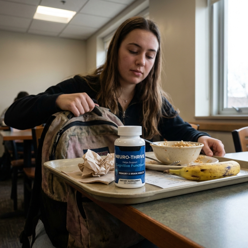 Neuro-Thrive bottle on a campus dining hall tray in sharp focus