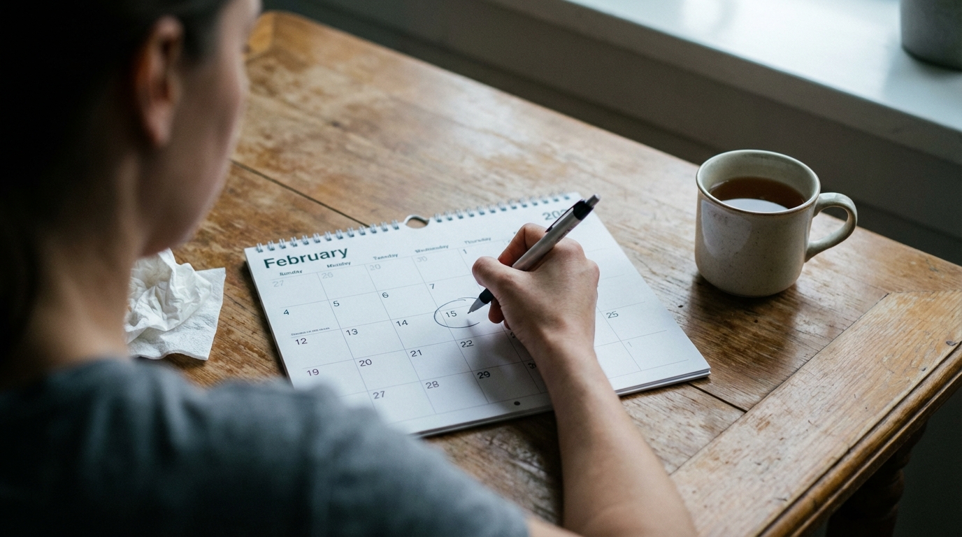 Woman circling dates on a calendar with tense posture