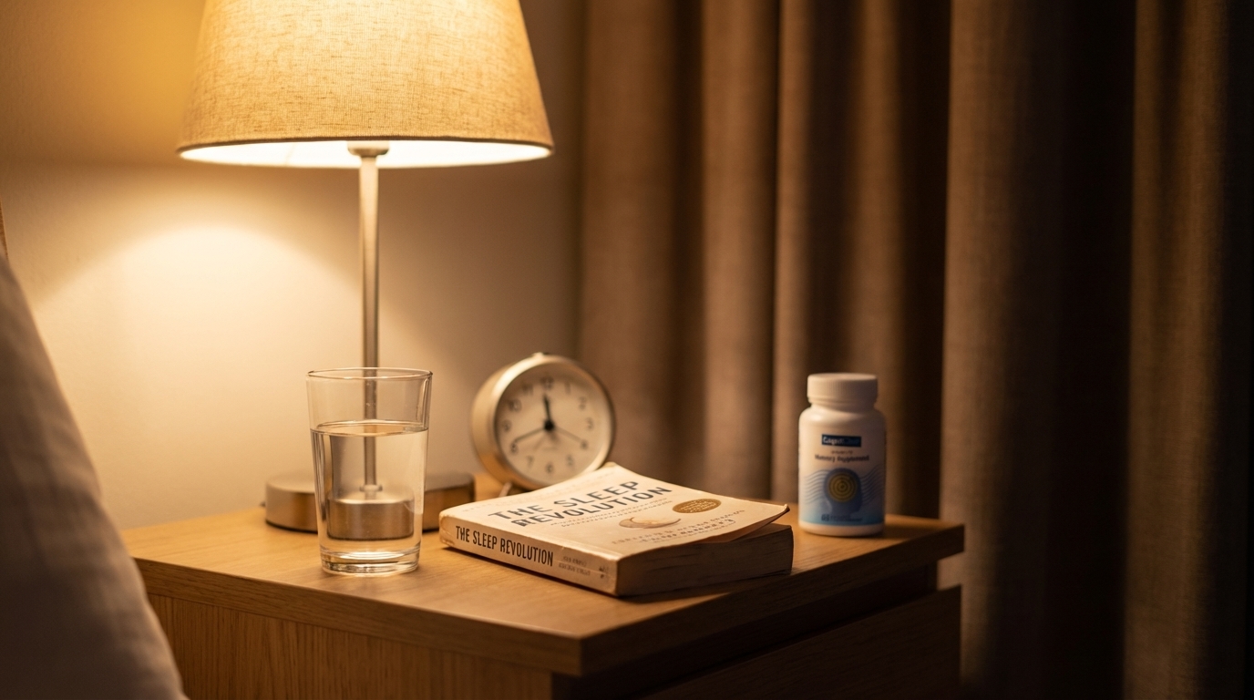 Cozy nightstand with water, book, and subtle supplement bottle