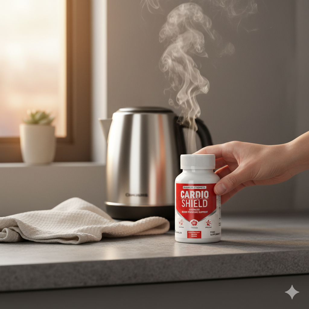 Partner setting a heart‑support bottle on a kitchen counter at dusk