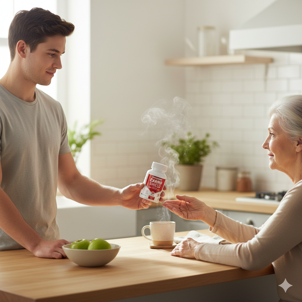 Handing a daily heart‑support bottle across a sunlit kitchen counter