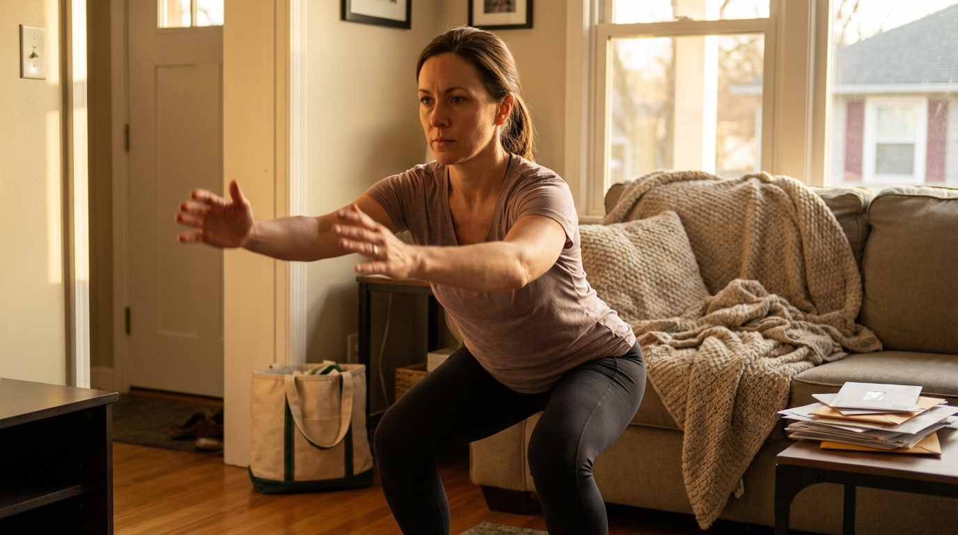 A woman performs a controlled chair squat in a lived in living room with natural light