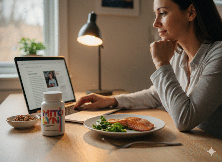 Person at a softly lit kitchen table, looking at a laptop with salmon, walnuts, and a subtle supplement bottle nearby.
