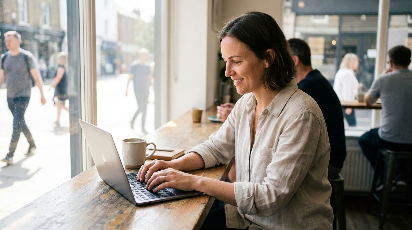 Focused person working calmly on a laptop by a bright café window.