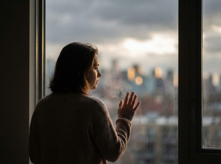Person in morning light looking out a window as brain fog lifts