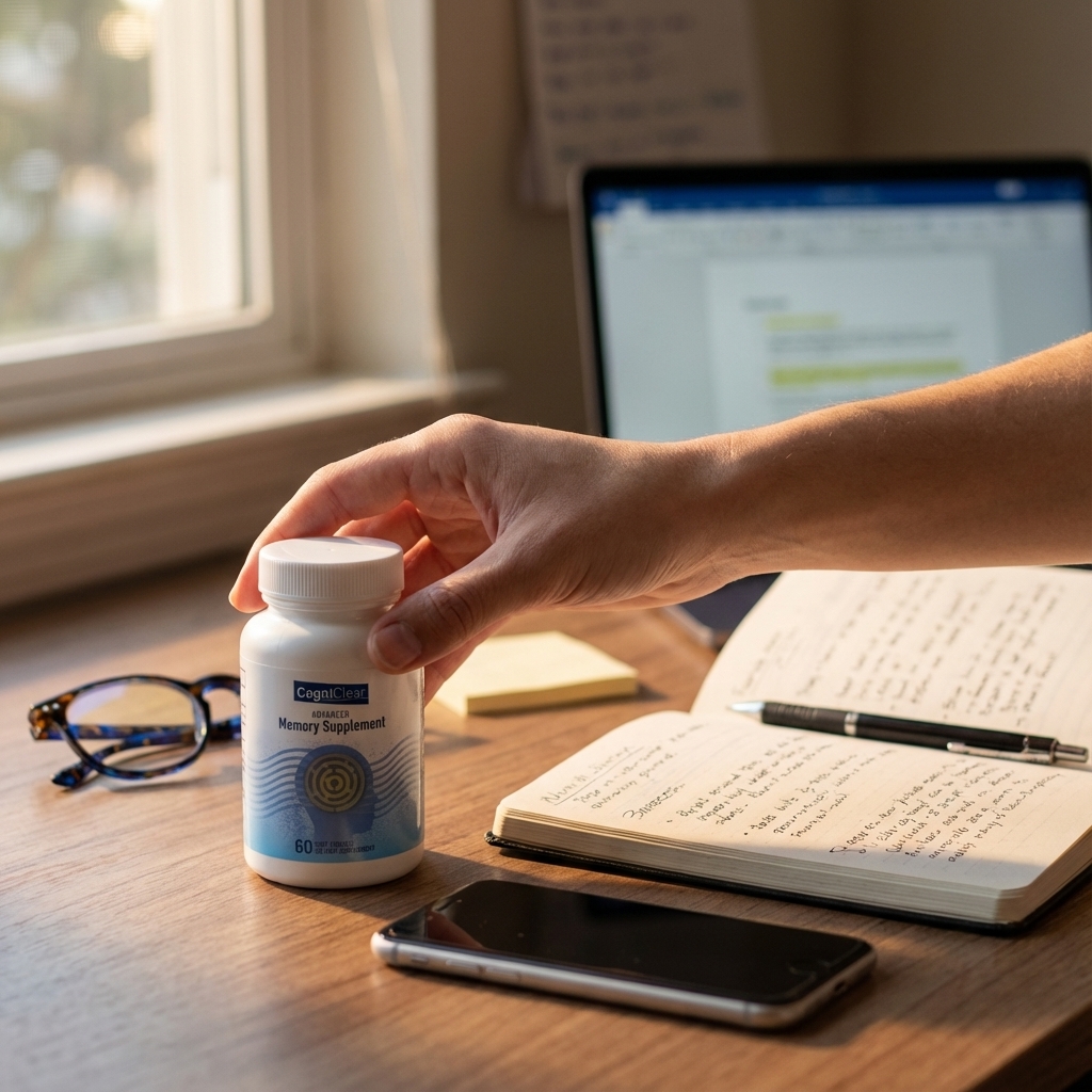 Bottle of CogniClear beside notebook on a tidy desk for brain fog support