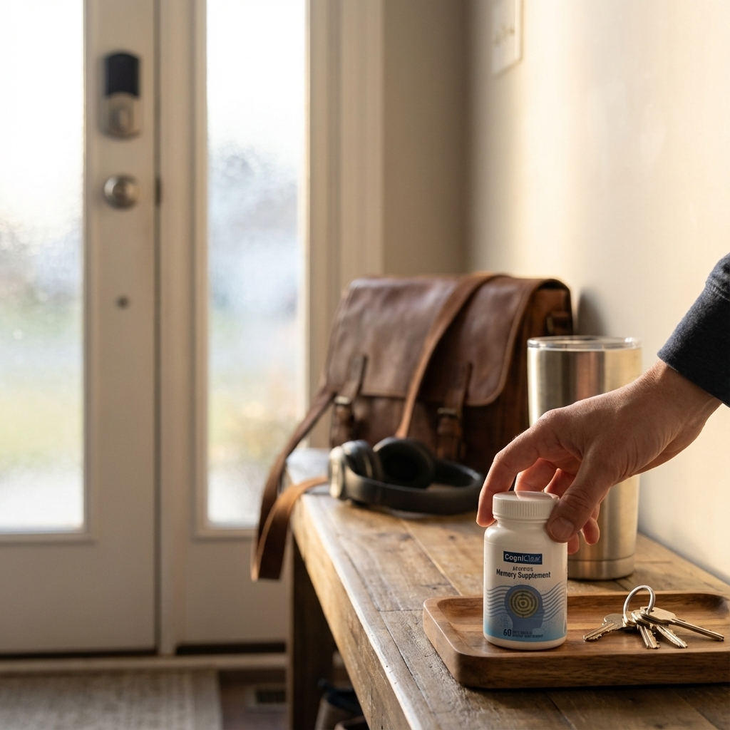Hand grabbing CogniClear from an entryway tray with keys and bag