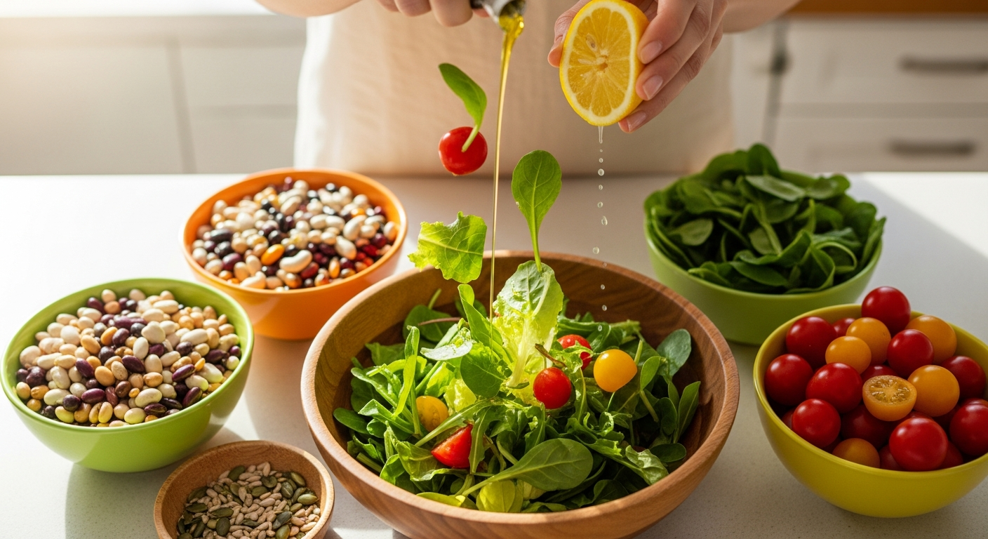 Overhead of a colorful bean‑and‑greens bowl being tossed under window light