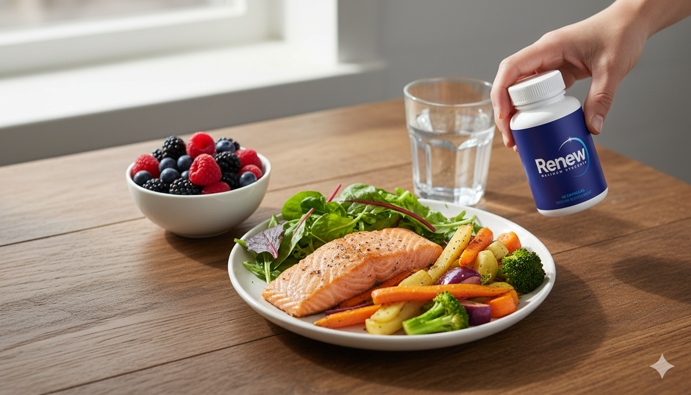 Colorful plate of salmon and vegetables with a hand placing a Renew bottle near a glass of water.