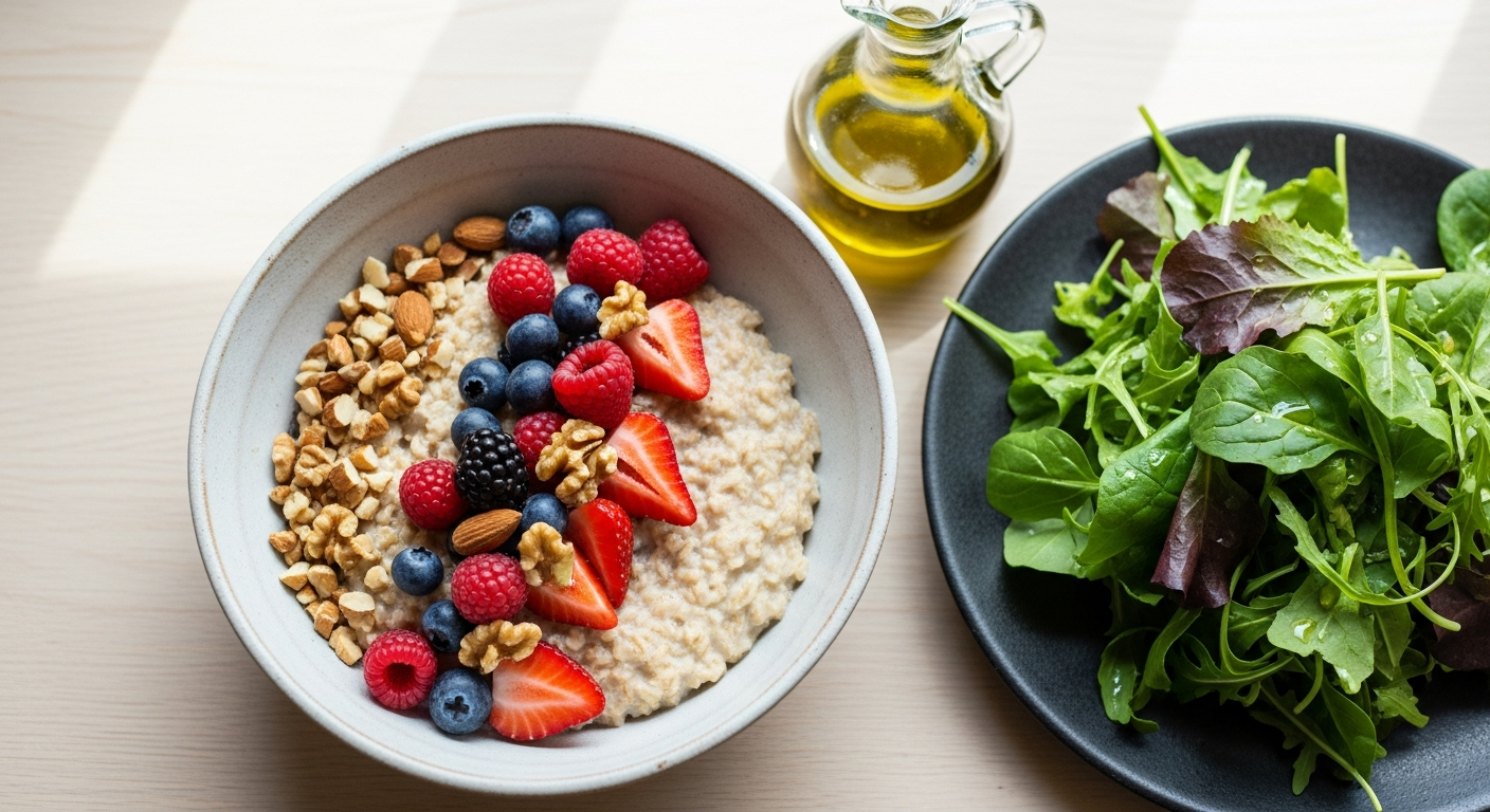 Bright, simple breakfast with berries and nuts