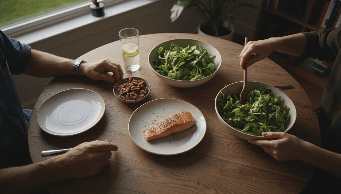 Overhead view of salmon, greens, and walnuts on a sunlit dinner table.