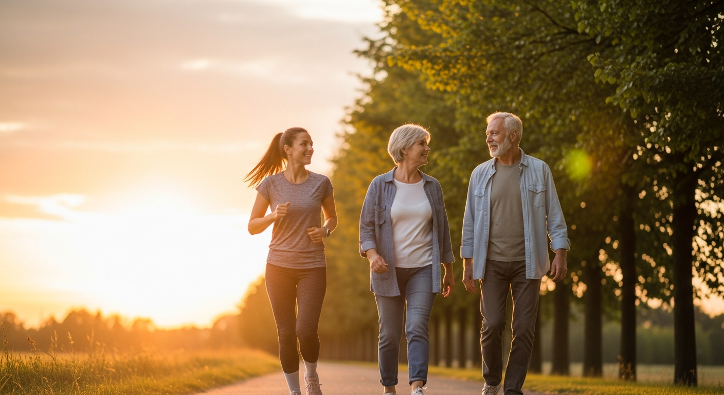 Jogger and two walkers share a sunlit park path at golden hour
