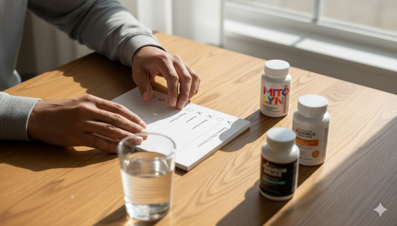 Two hands comparing a few supplement bottles and a handwritten checklist on a wooden table.