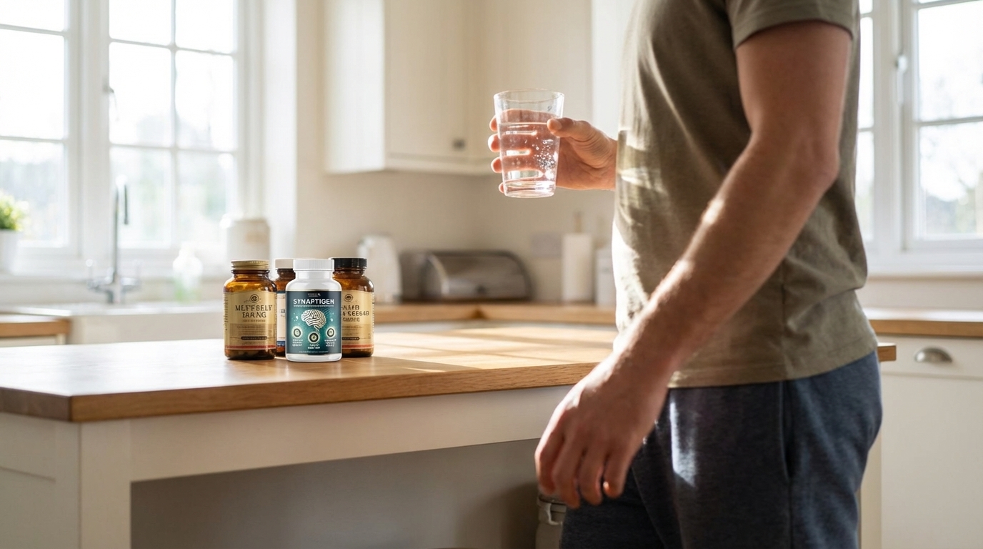 Person walking through a bright kitchen with a water glass