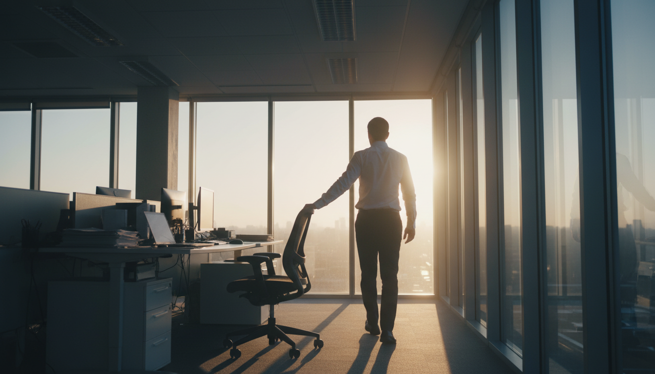 Person stepping away from a bright desk toward a sunlit window.