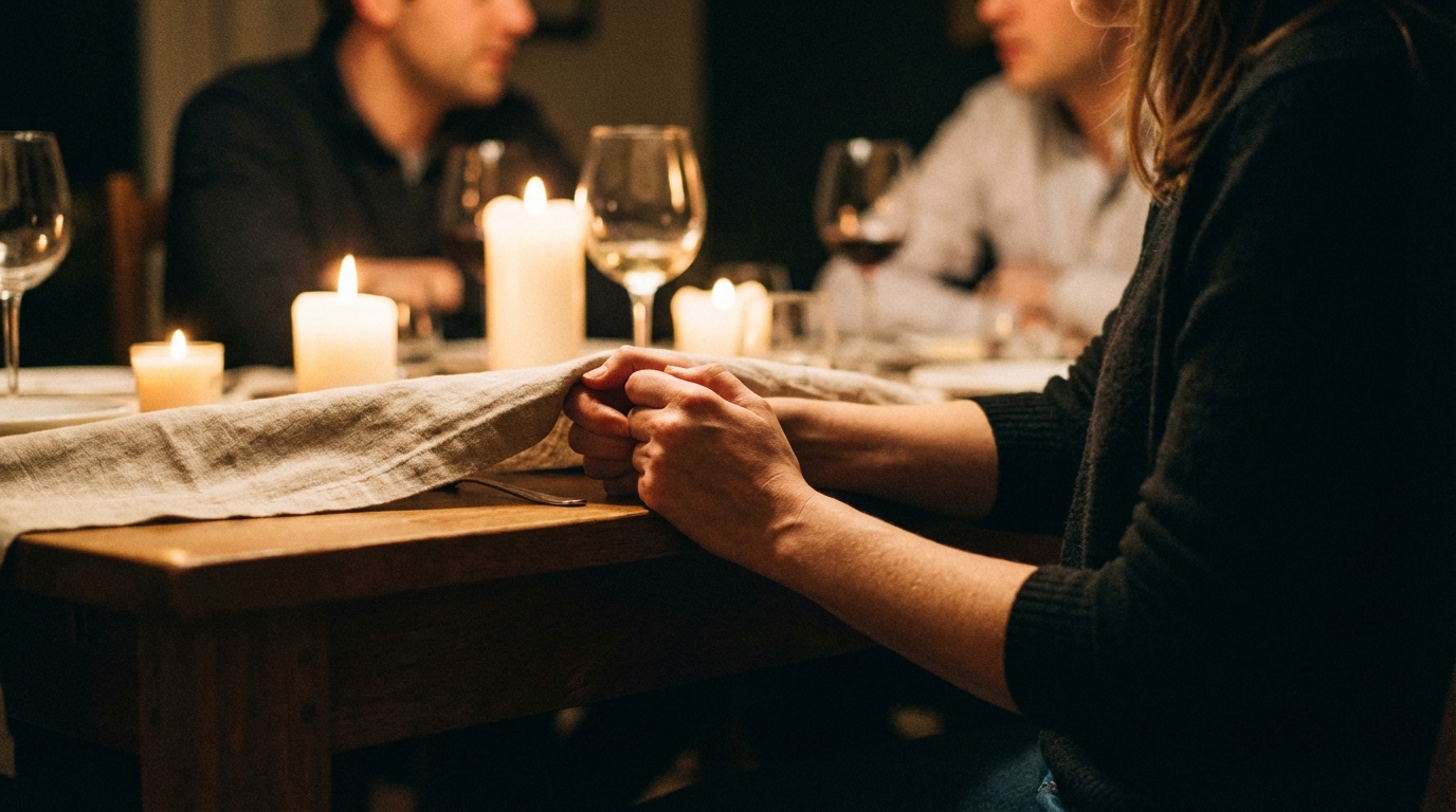 Woman at dinner looking distant with hands clasped tightly