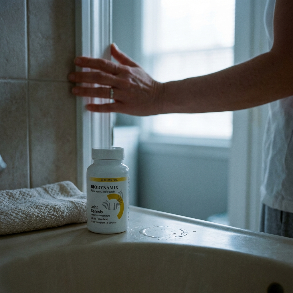 JOINTGEN bottle in sharp focus on a bathroom sink with a woman’s hand resting on the doorframe in the background