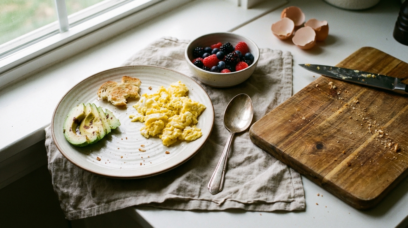 Simple balanced breakfast in natural window light
