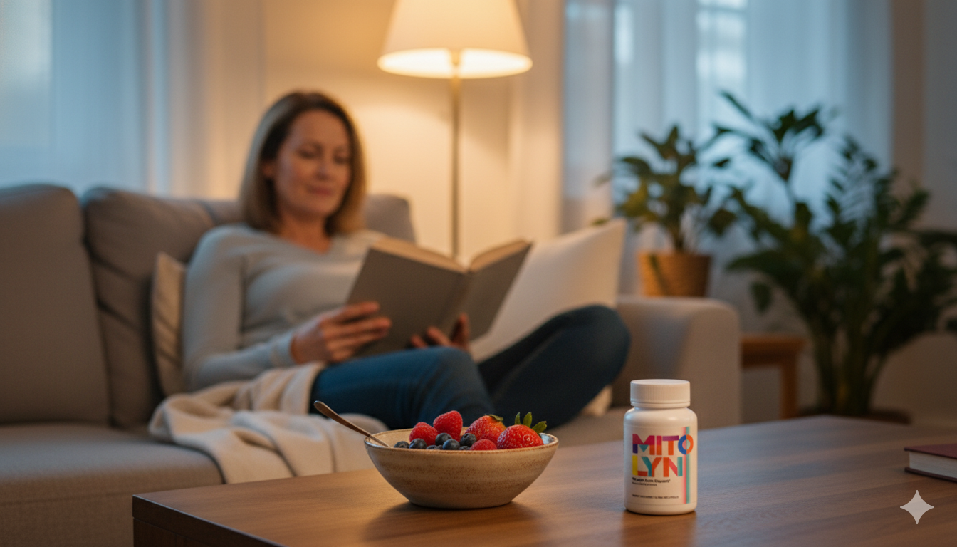 Person reading on a sofa with a bowl of berries and a small supplement bottle on the table.