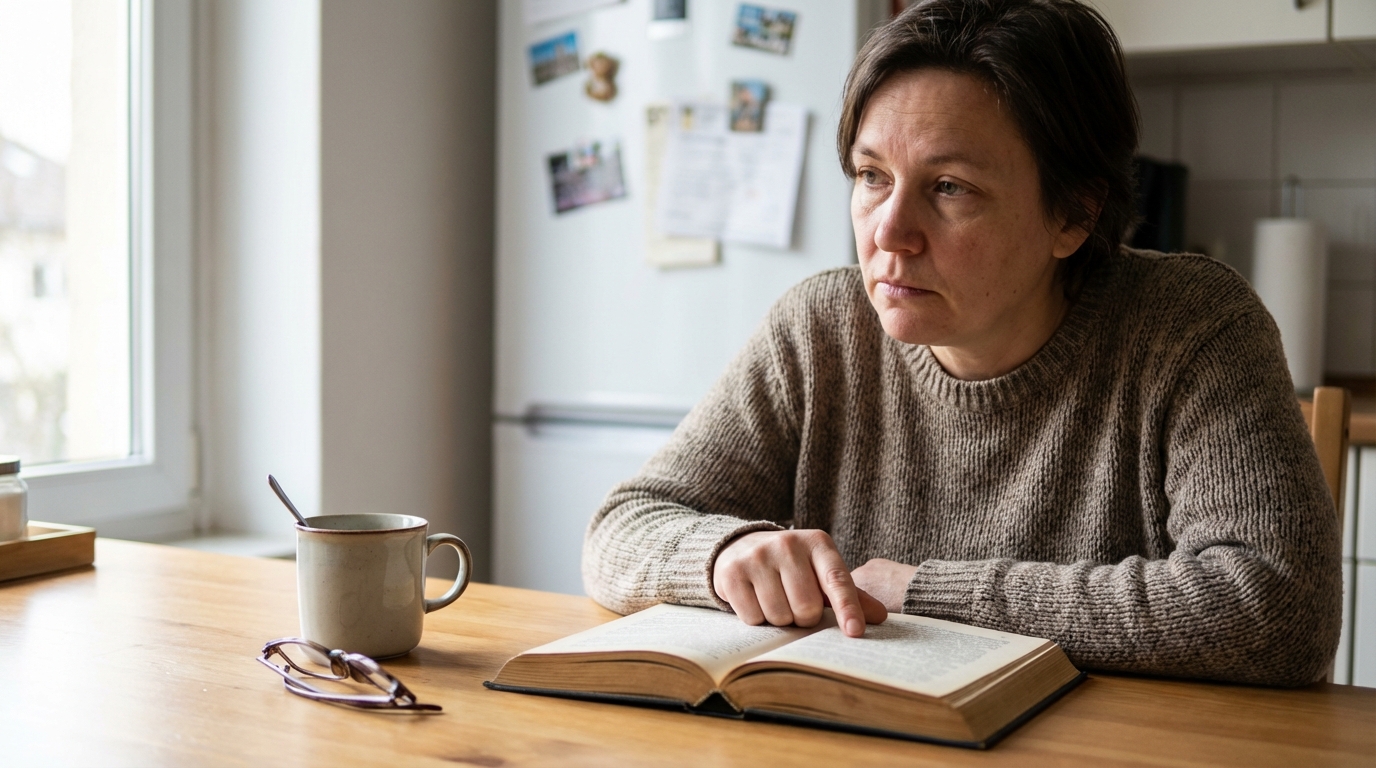 Person rereading the same line at a kitchen table, lost in brain fog