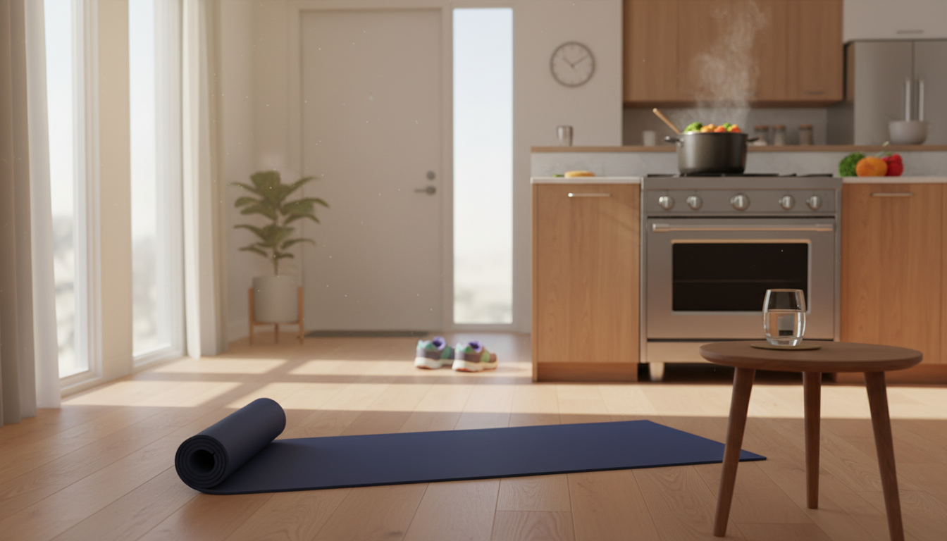 Sunlit living space with yoga mat, walking shoes, water, and cooking veggies.