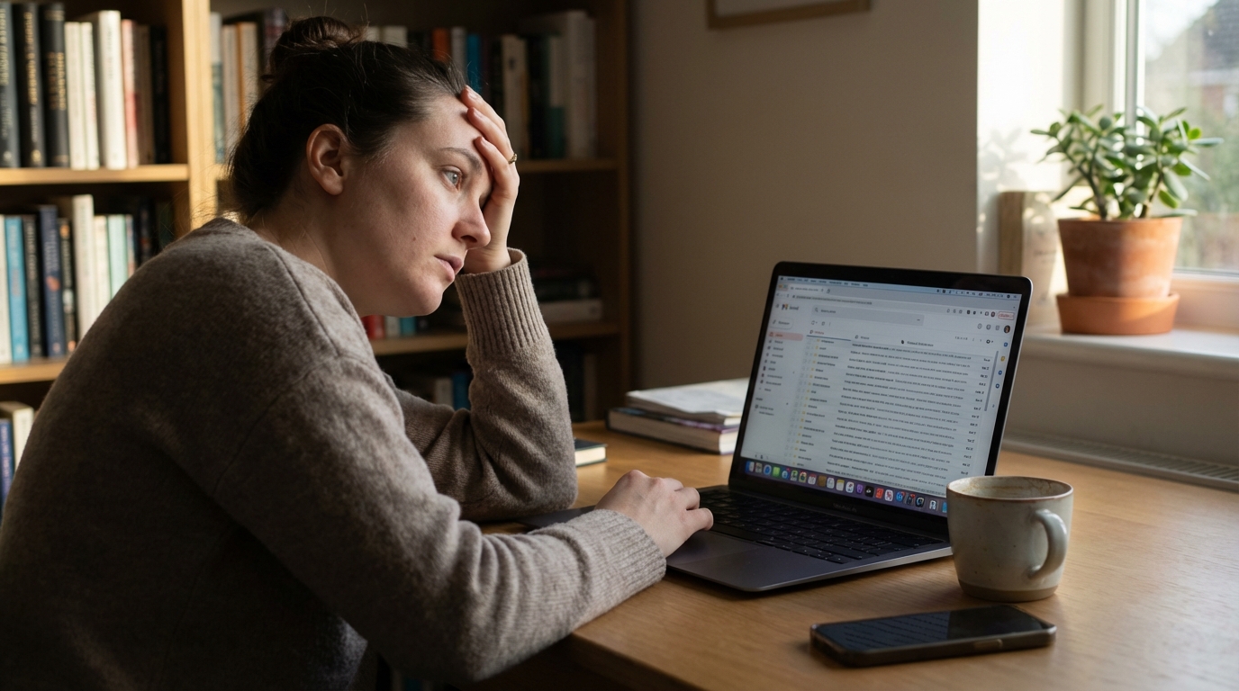Person struggling to focus on a laptop email in a home office.