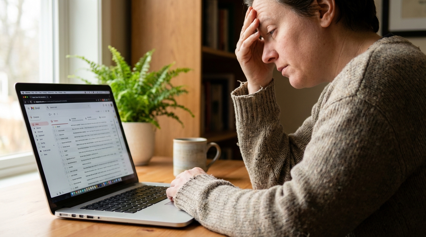 Tired person rubbing their forehead while staring at a crowded email inbox.
