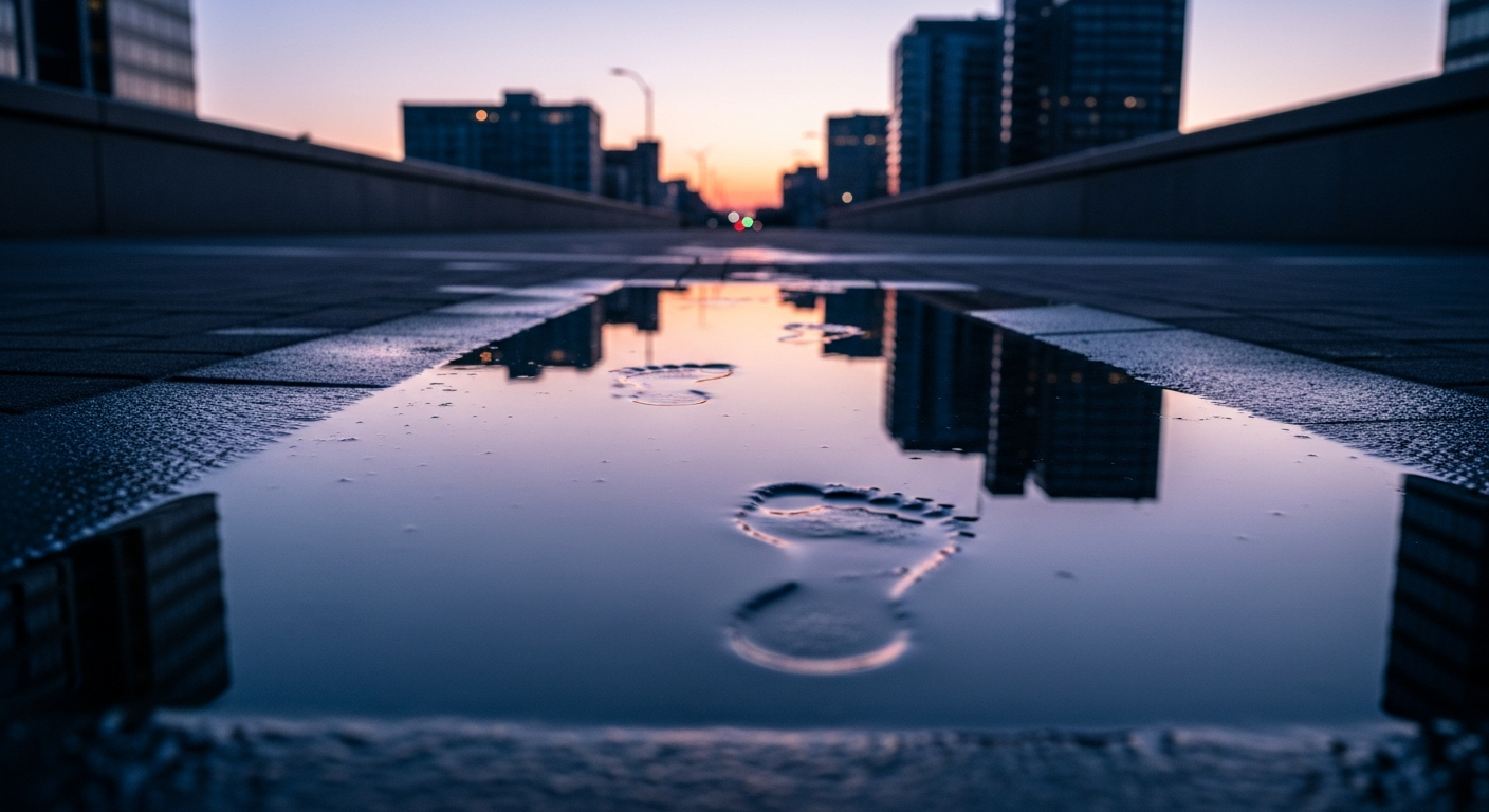 Footprints across a reflective, rain-dark street