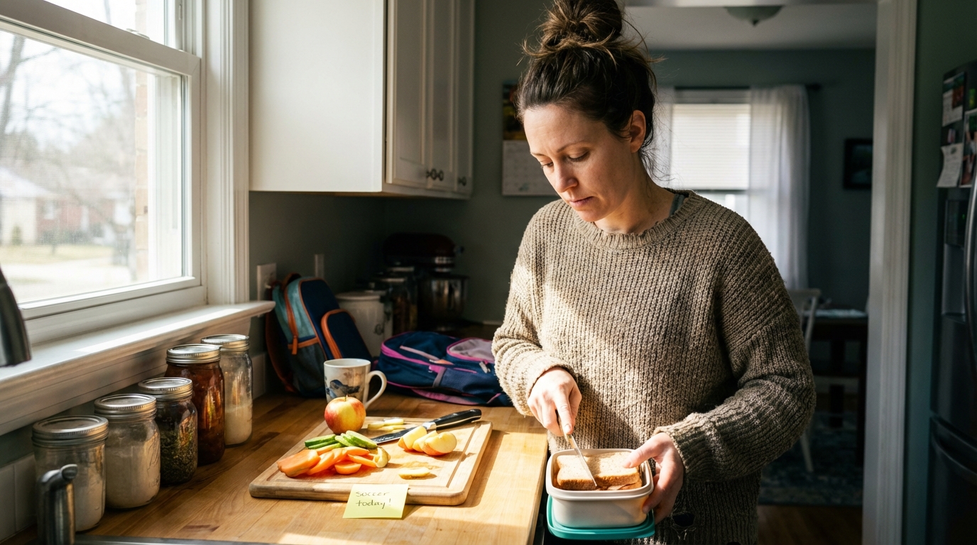 Woman packing lunches in sunlight with simple food on a cutting board
