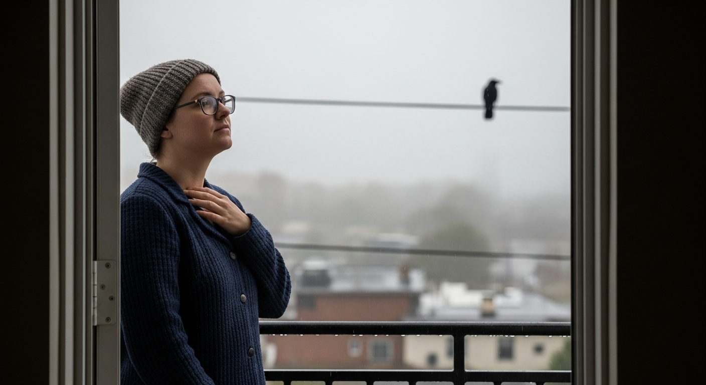 Pausing on the front step after rain with a hand at the collarbone