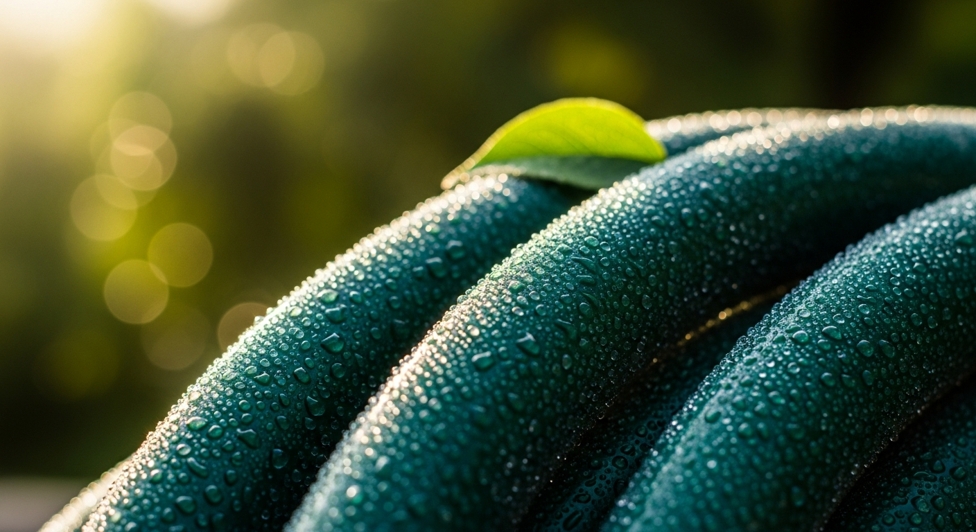 Dewy garden hose glowing in morning light