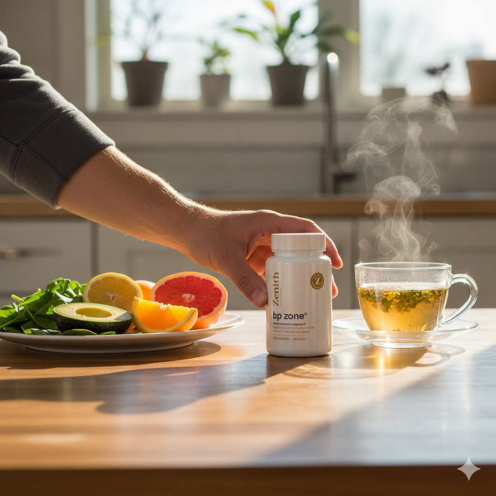 Partner places BP Zone® beside a simple breakfast in soft morning light