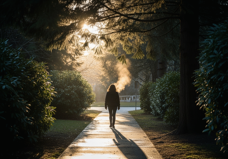 Early‑morning pause on a rain‑dark hill with breath in cool air