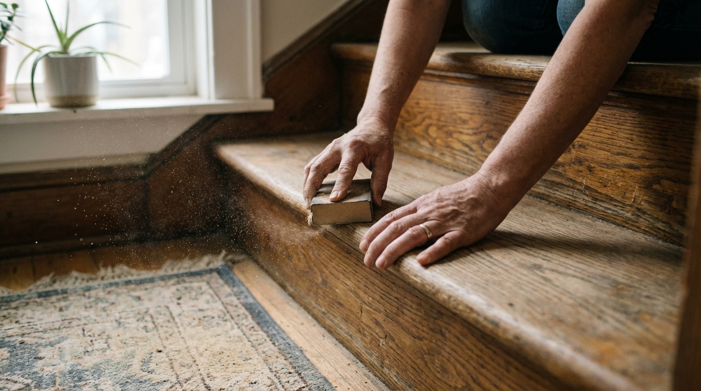 Hands sanding a wooden stair tread in a home with sunlight and dust motes