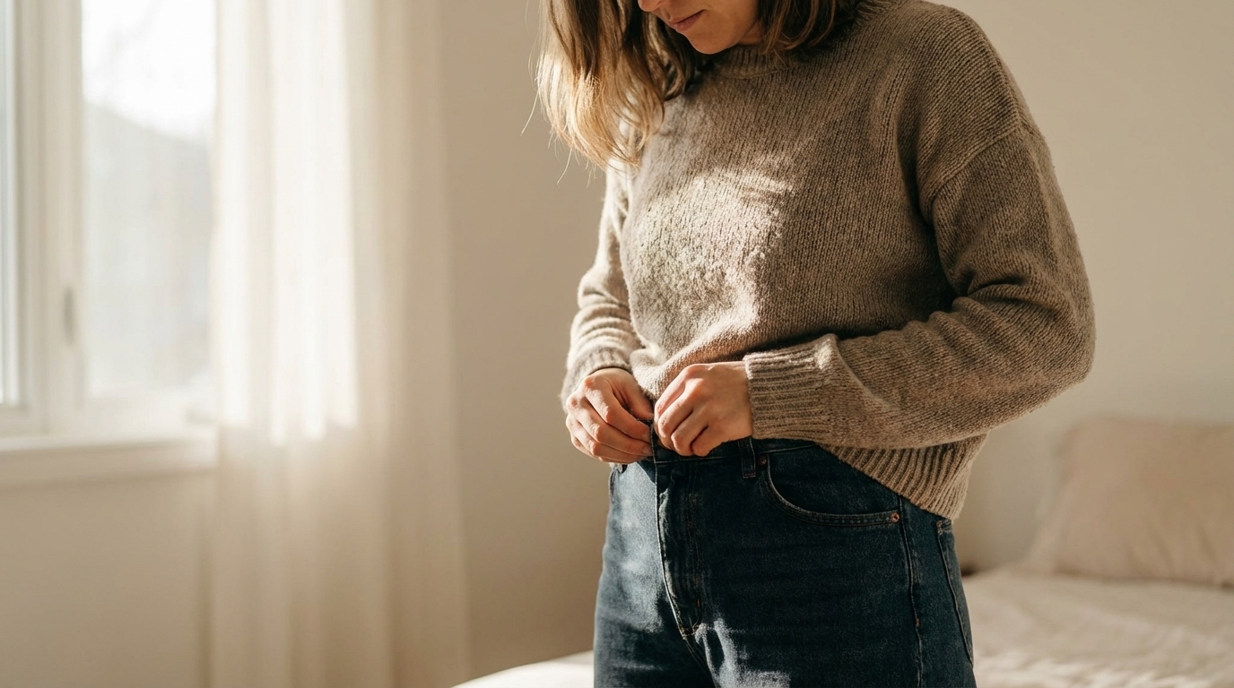 Woman calmly fastening jeans in soft morning window light with relaxed posture