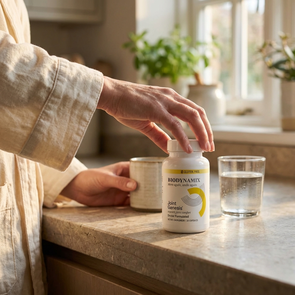 Joint Genesis bottle on kitchen counter at dawn