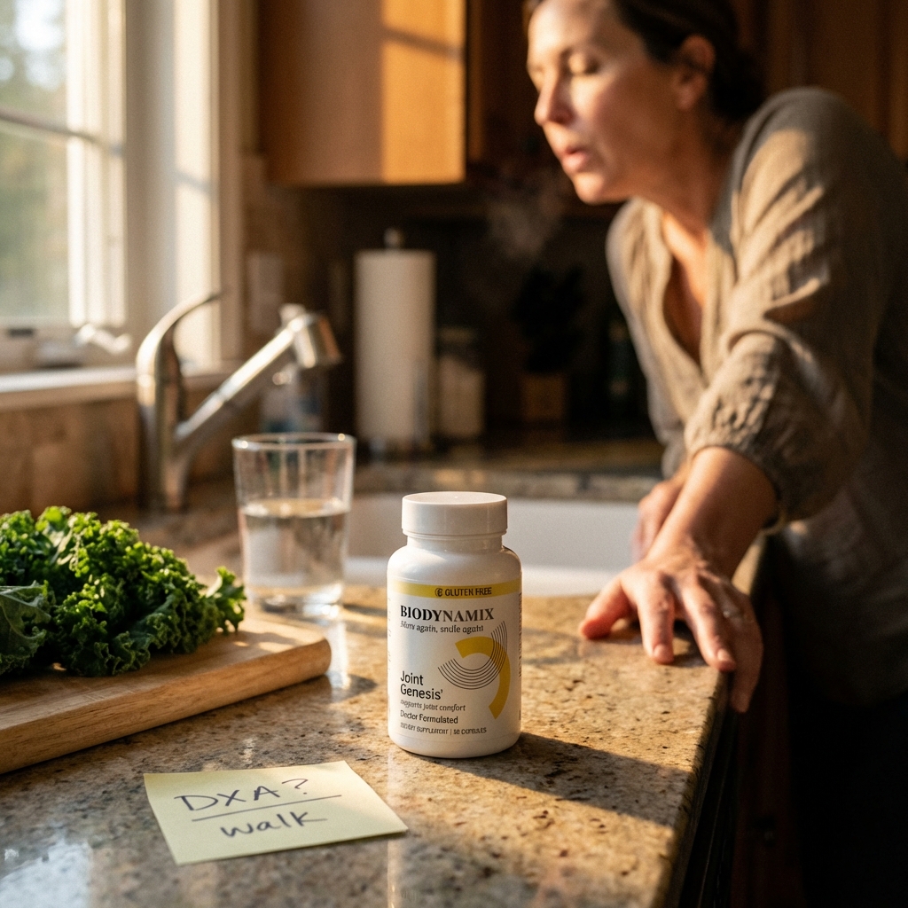 JOINTGEN bottle in sharp focus on a kitchen counter beside a handwritten note while a woman pauses in the background