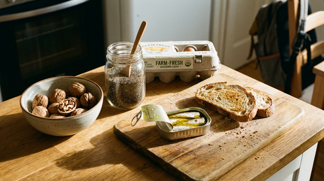 Simple brain supportive foods on a kitchen counter in morning light