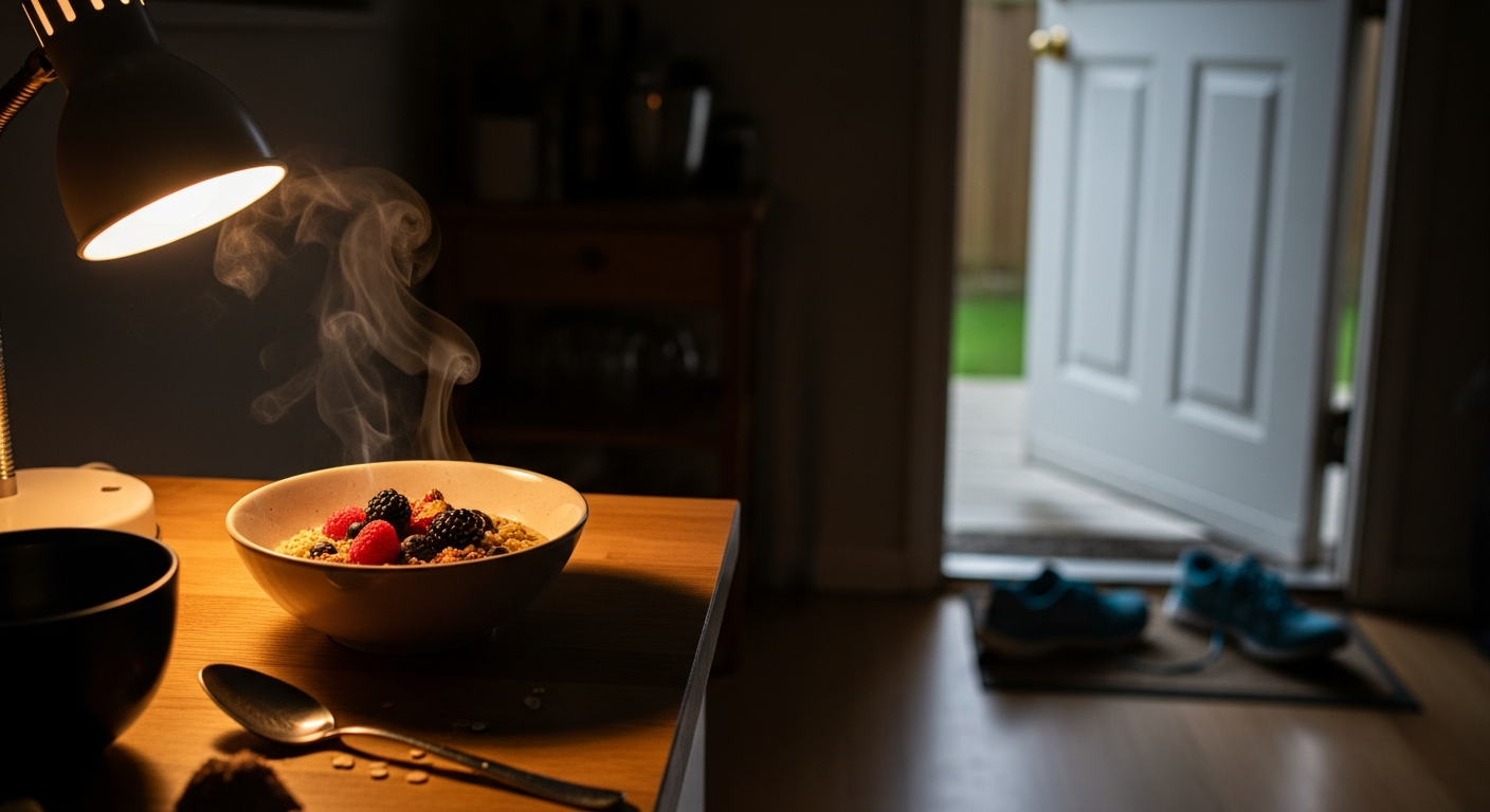 Simple breakfast in soft light beside running shoes