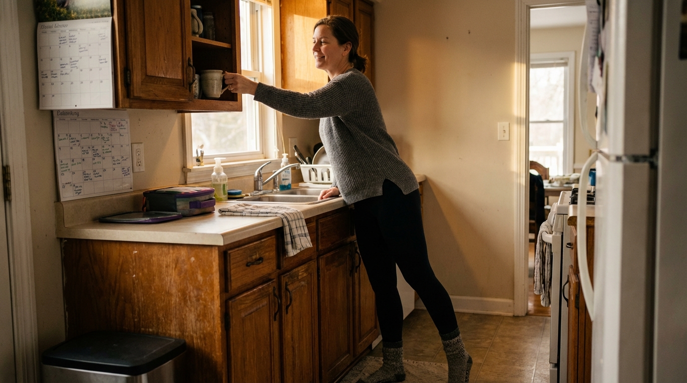 A woman reaches a top kitchen shelf with calm confident posture in warm morning light